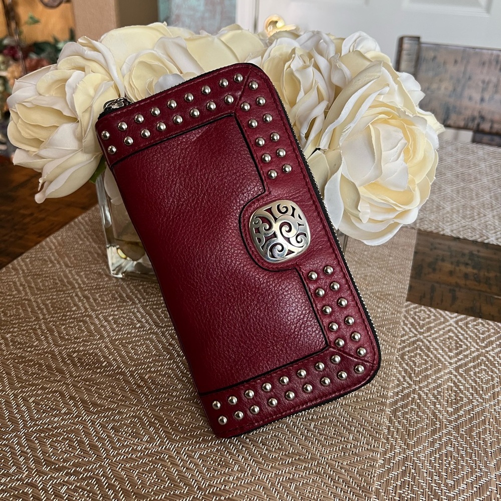 Brighton Studded Burgundy Zip Wallet with Decorative Metal Snap